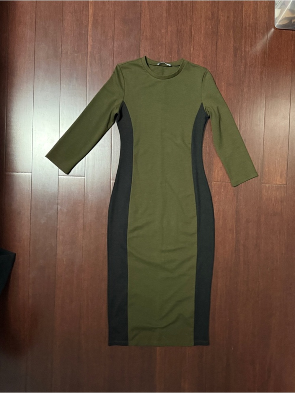 Zara Olive Green and Black Midi Sheath Dress